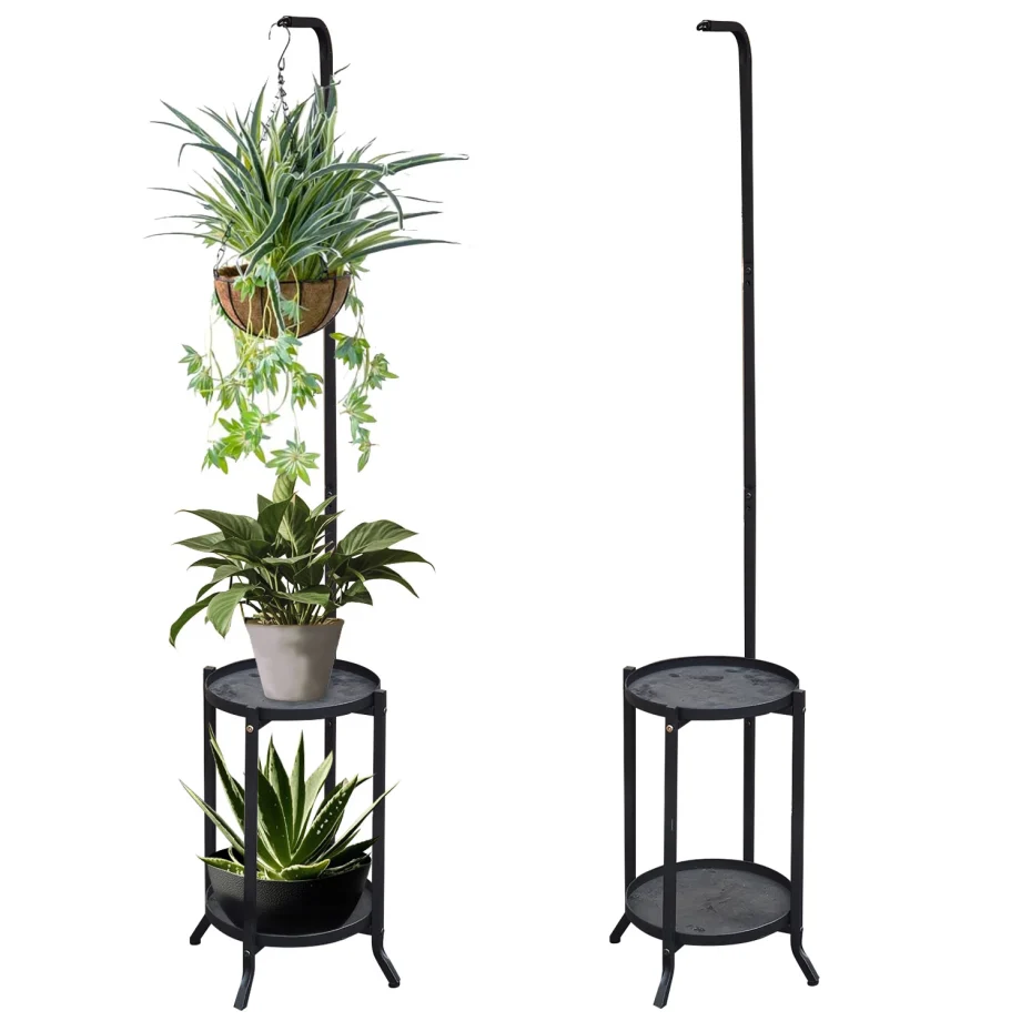 2-tier Hanging Plant Stand Space-Saving Iron Planter Shelves Multiple Flower Pot Display Holder Shelf Indoor Outdoor Plant Shelf