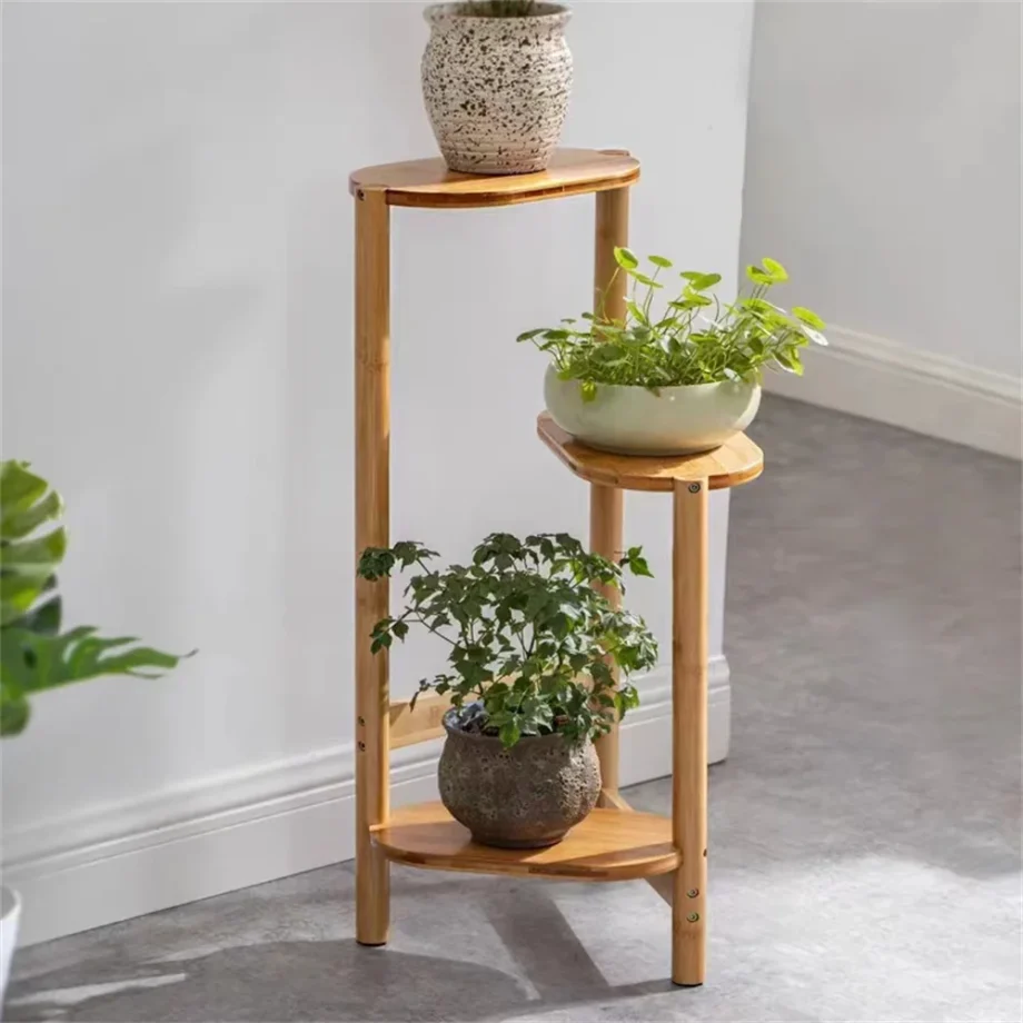 3 Tier Bamboo Corner Plant Stand Simplicity Flower Pot Holder Shelf Indoor High Low Display Indoor Outdoor