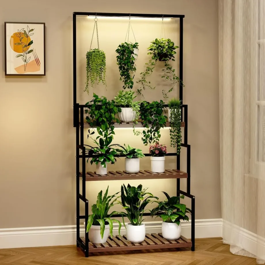 Hanging Plant Stand with Grow Light, 3 Tier Metal Plant Stand for Indoor Plants Multiple, Large Plant Shelf Display Holder
