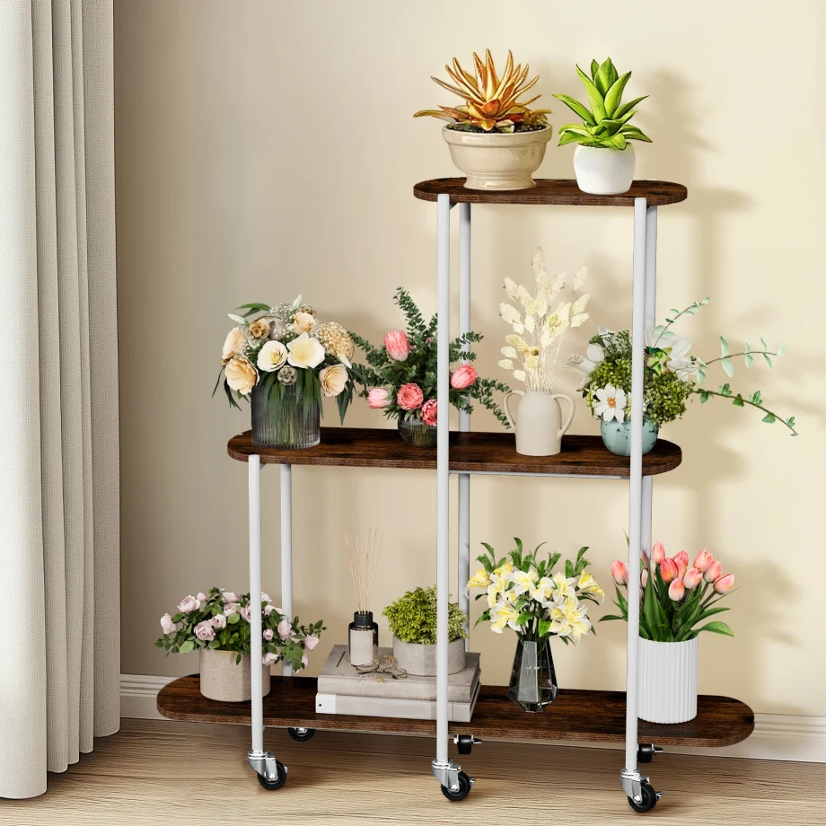Plant Stand with Wheels, Rolling Plant Shelves Rack Indoor Outdoor, Metal Ladder Plant Flower Shelf for Garden,Living Room