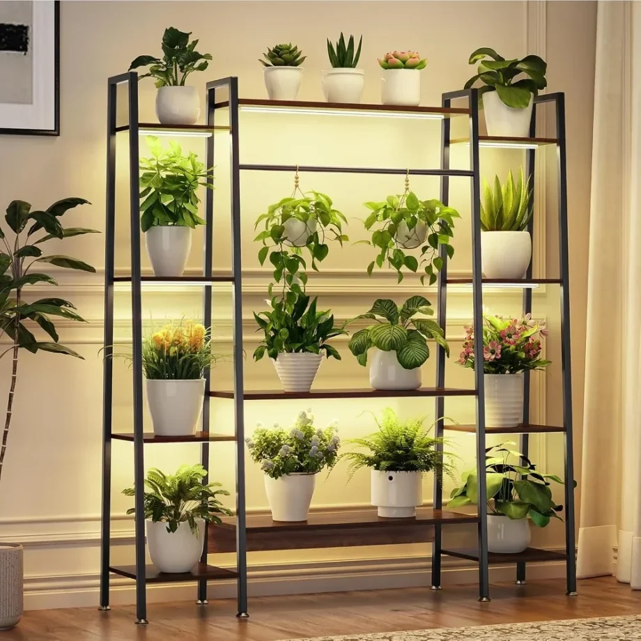 55" Large Plant Stand Indoor with 8 LED Grow Lights (3 Modes & Auto Timer) - 12 Tiered Metal Plant Shelf, 10 Dimmable Brightness