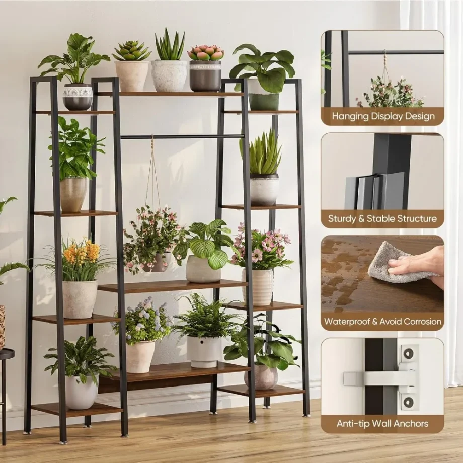 55" Large Plant Stand Indoor with 8 LED Grow Lights (3 Modes & Auto Timer) - 12 Tiered Metal Plant Shelf, 10 Dimmable Brightness