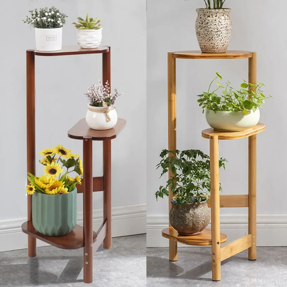 3 Tier Bamboo Corner Plant Stand Simplicity Flower Pot Holder Shelf Indoor High Low Display Indoor Outdoor