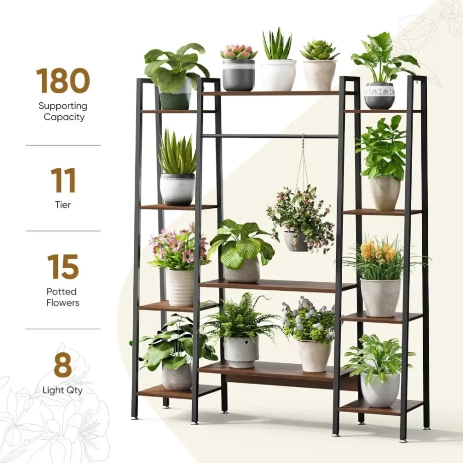55" Large Plant Stand Indoor with 8 LED Grow Lights (3 Modes & Auto Timer) - 12 Tiered Metal Plant Shelf, 10 Dimmable Brightness