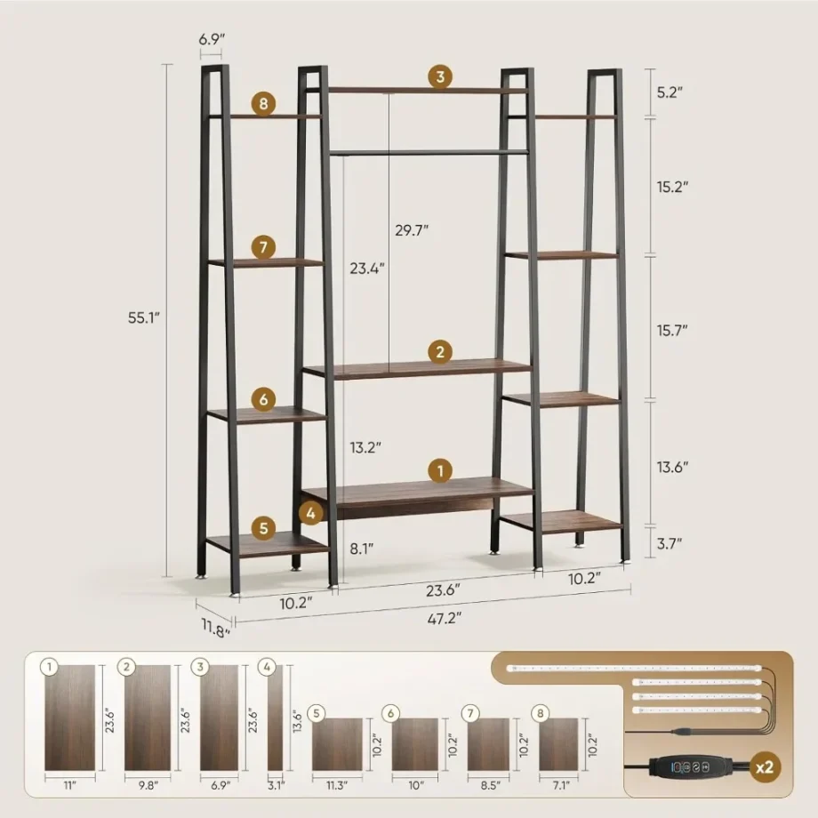 55" Large Plant Stand Indoor with 8 LED Grow Lights (3 Modes & Auto Timer) - 12 Tiered Metal Plant Shelf, 10 Dimmable Brightness